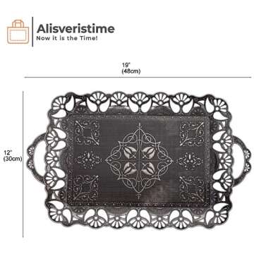 Alisveristime Handcrafted Large Turkish Ottoman Serving Tray with Floral Edges and Handles, Made from Zamac, Multi-Color Options (18.9" L x 12" W x 0.78" H) (Antique Black)