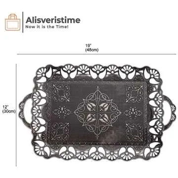 Alisveristime Handcrafted Large Turkish Ottoman Serving Tray with Floral Edges and Handles, Made from Zamac, Multi-Color Options (18.9" L x 12" W x 0.78" H) (Antique Black)