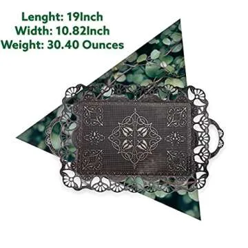 Alisveristime Handcrafted Large Turkish Ottoman Serving Tray with Floral Edges and Handles, Made from Zamac, Multi-Color Options (18.9" L x 12" W x 0.78" H) (Antique Black)