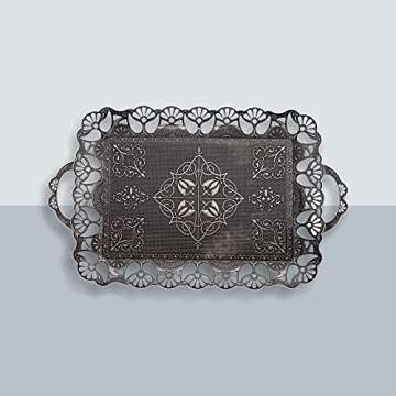 Alisveristime Handcrafted Large Turkish Ottoman Serving Tray with Floral Edges and Handles, Made from Zamac, Multi-Color Options (18.9" L x 12" W x 0.78" H) (Antique Black)
