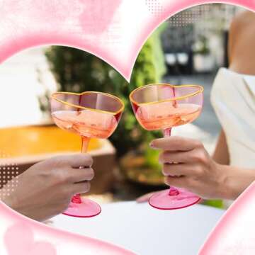 Didaey 2 Pack Valentine's Day Heart Shaped Champagne Flutes Pink Coupe Glasses Martini Glasses Cocktail Toasting Glasses Wine Cups with Gold Rim for Wedding Anniversary Galentine's Birthday(Classic)