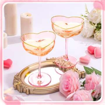 Didaey 2 Pack Valentine's Day Heart Shaped Champagne Flutes Pink Coupe Glasses Martini Glasses Cocktail Toasting Glasses Wine Cups with Gold Rim for Wedding Anniversary Galentine's Birthday(Classic)