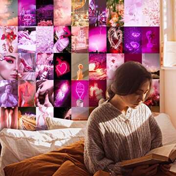 Wall Collage Kit 60 Set by Aesthetic Atmosphere for Wall Aesthetic | 4x6 inch Neon Pink Pictures for Room Decor | Boujee Bedroom Decoration Photos for Teen Girls | Cute VSCO Trendy Dorm Posters