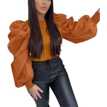 Ophestin Women's Sexy Puff Long Sleeve Tops Ribbed Ruched Crewneck Slim Fit Party Blouse T Shirts Pullover Top Brown XXL