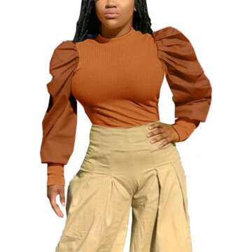 Ophestin Women's Sexy Puff Long Sleeve Tops Ribbed Ruched Crewneck Slim Fit Party Blouse T Shirts Pullover Top Brown XXL