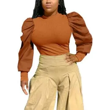Ophestin Women's Sexy Puff Long Sleeve Tops Ribbed Ruched Crewneck Slim Fit Party Blouse T Shirts Pullover Top Brown XXL