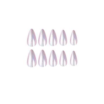 MISUD Press on Nails Medium Almond Fake Nails Glossy Glue on Nails Chrome Acrylic Nails Pearl Flash ...