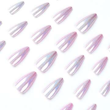 MISUD Press on Nails Medium Almond Fake Nails Glossy Glue on Nails Chrome Acrylic Nails Pearl Flash Stiletto Artificial Nails Purple Aurora Stick on False Nails with Design 24 pcs