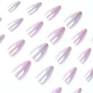 MISUD Press on Nails Medium Almond Fake Nails Glossy Glue on Nails Chrome Acrylic Nails Pearl Flash Stiletto Artificial Nails Purple Aurora Stick on False Nails with Design 24 pcs