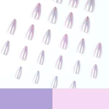 MISUD Press on Nails Medium Almond Fake Nails Glossy Glue on Nails Chrome Acrylic Nails Pearl Flash Stiletto Artificial Nails Purple Aurora Stick on False Nails with Design 24 pcs