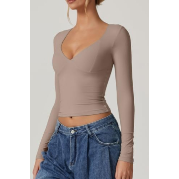 QINSEN Sexy Long Sleeve V Neck Top for Women - Stylish Fit