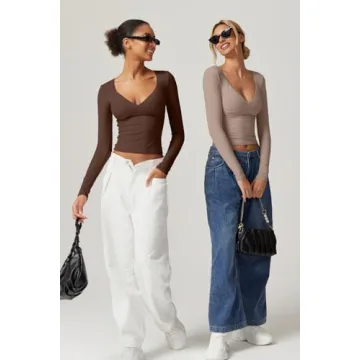 QINSEN Sexy Long Sleeve V Neck Top for Women - Stylish Fit