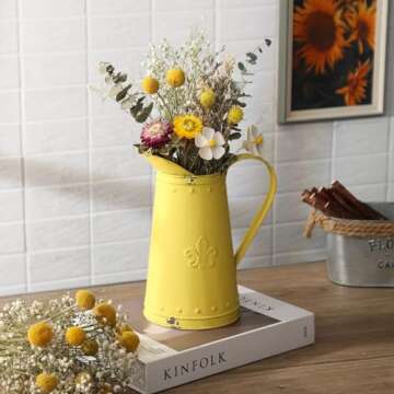 APSOONSELL French Style Shabby Chic Vase Metal Flower Vase Vintage Jug Rustic Farmhouse Decor for Home, Yellow