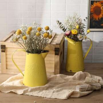 APSOONSELL French Style Shabby Chic Vase Metal Flower Vase Vintage Jug Rustic Farmhouse Decor for Home, Yellow