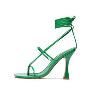 vivianly Women's Strappy Lace Up Thong Heels Sandals Square Open Toe Stiletto High Heel Wedding Dress Shoes Green Size 10