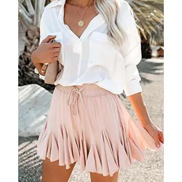 Metietila Women's Summer Casual High Waist Pink Ruffle Mini Skirt Pleated A Line Short Skater Skirts with Drawstring X-Large