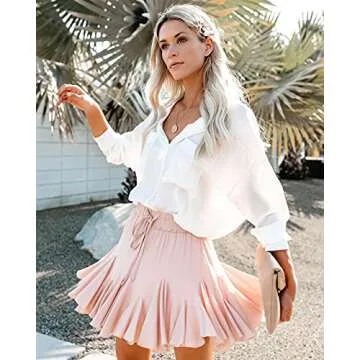 Metietila Women's Summer Casual High Waist Pink Ruffle Mini Skirt Pleated A Line Short Skater Skirts with Drawstring X-Large