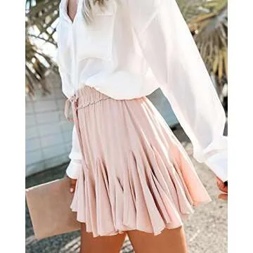 Metietila Women's Summer Casual High Waist Pink Ruffle Mini Skirt Pleated A Line Short Skater Skirts with Drawstring X-Large
