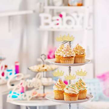 24Pcs Crown Cupcake Toppers Glitter Queen Crown Cupcake Picks for Queen Princess Theme Baby Shower Girls Wedding Birthday Party Cake Decorations Supplies Gold