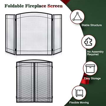 FEED GARDEN 3 Panel Fireplace Screen 48" W x 29" H Modern Foldable with Wrought Metal Decorative Mesh,Arch Heavy Duty Fire Spark Guard Cover for Home Decor Indoor, Black
