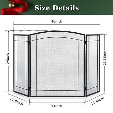 FEED GARDEN 3 Panel Fireplace Screen 48" W x 29" H Modern Foldable with Wrought Metal Decorative Mesh,Arch Heavy Duty Fire Spark Guard Cover for Home Decor Indoor, Black