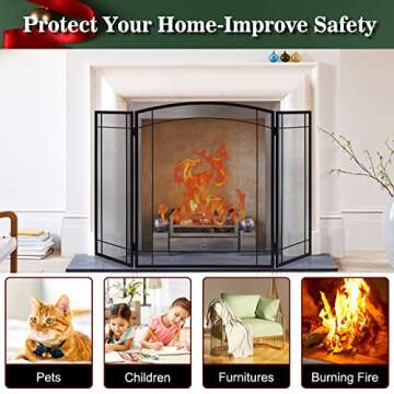 FEED GARDEN 3 Panel Fireplace Screen 48" W x 29" H Modern Foldable with Wrought Metal Decorative Mesh,Arch Heavy Duty Fire Spark Guard Cover for Home Decor Indoor, Black