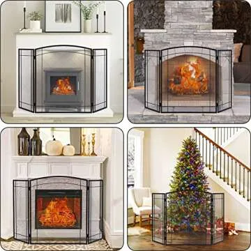 FEED GARDEN 3 Panel Fireplace Screen 48" W x 29" H Modern Foldable with Wrought Metal Decorative Mesh,Arch Heavy Duty Fire Spark Guard Cover for Home Decor Indoor, Black