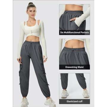 AB-Eleven Women's Lightweight Cargo Pants Quick Dry Joggers with 6 Pockets Elastic Waist and Water-Resistant Hiking Pants Dark Grey