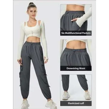 AB-Eleven Women's Lightweight Cargo Pants Quick Dry Joggers with 6 Pockets Elastic Waist and Water-Resistant Hiking Pants Dark Grey