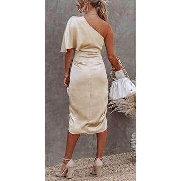 Womens One Shoulder Satin Dress Ruffle Sleeves Ruched Split Bandage Cocktail Dresses for Wedding Guest Gold M