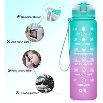 MEITAGIE 32oz Leakproof Motivational Sports Water Bottle with Straw & Time Marker, Flip Top Durable BPA Free Tritan Non-Toxic Frosted Bottle Perfect for Office, School, Gym and Workout (Ombre: