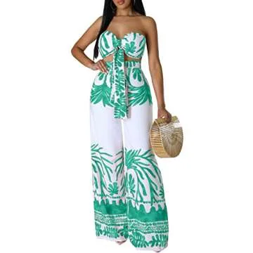 sexycherry Elegant Two Piece Beach for Women Sexy Off Shoulder Tube Top Straight Long Straight Pants Green Swimwear Vacation Cruising Outfits(Large)