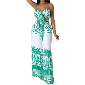 sexycherry Elegant Two Piece Beach for Women Sexy Off Shoulder Tube Top Straight Long Straight Pants Green Swimwear Vacation Cruising Outfits(Large)