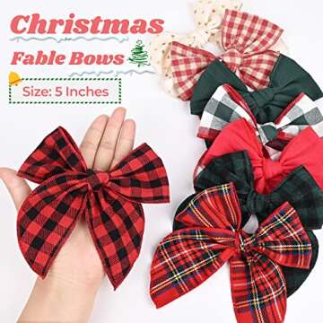 DEEKA 8 PCS Large Christmas Fable Hair Bows Cotton Linen Red and Black Plaid Hair Bow for Toddlers G...
