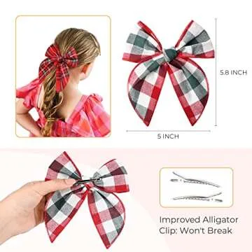 DEEKA 8 PCS Large Christmas Fable Hair Bows Cotton Linen Red and Black Plaid Hair Bow for Toddlers Girls Handmade Christmas Hair Accessories for Little Girls Kids