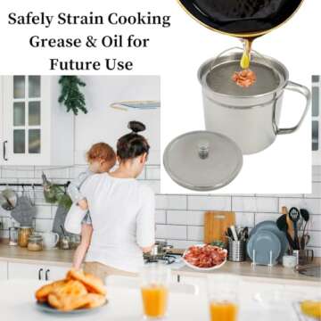 Evelots Bacon Grease Keeper with Strainer and Handle