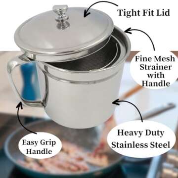 Evelots Bacon Grease Keeper with Strainer and Handle