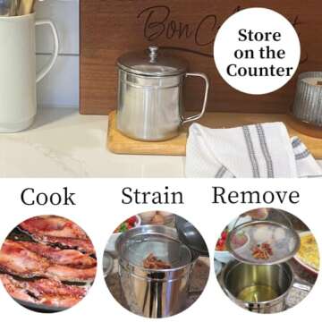 Evelots Bacon Grease Keeper with Strainer and Handle