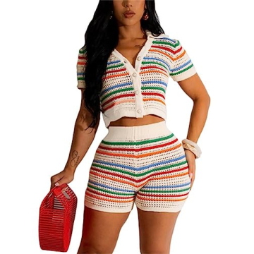 cu4eve Crochet Sets Two Piece Women Summer Causal Knit Short Sleeve Button Down Shirt and Shorts Matching Set Jumpsuit