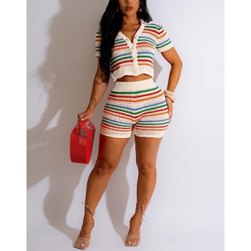 cu4eve Crochet Sets Two Piece Women Summer Causal Knit Short Sleeve Button Down Shirt and Shorts Matching Set Jumpsuit