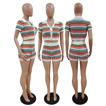 cu4eve Crochet Sets Two Piece Women Summer Causal Knit Short Sleeve Button Down Shirt and Shorts Matching Set Jumpsuit