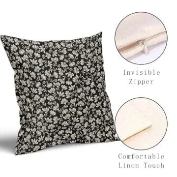 Black Brown Daisy Floral Block Print Pillow Covers 20X20 Inch Vintage Flowers Decorative Square Pillow Cases Set of 2 Farmhouse Home Decor Cotton Linen Throw Pillows For Sofa Couch Cushion Outdoor