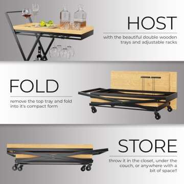 Rolling Bar Cart with Wheels, Black Bar Cart w/ Wooden Serving Trays, Collapsible Beverage Bar Carts for the Home, Small Bar Cart, Modern Wood Bar Stand, Drink Cart Rack for Liquor, Wine, Beverage