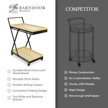 Rolling Bar Cart with Wheels, Black Bar Cart w/ Wooden Serving Trays, Collapsible Beverage Bar Carts for the Home, Small Bar Cart, Modern Wood Bar Stand, Drink Cart Rack for Liquor, Wine, Beverage