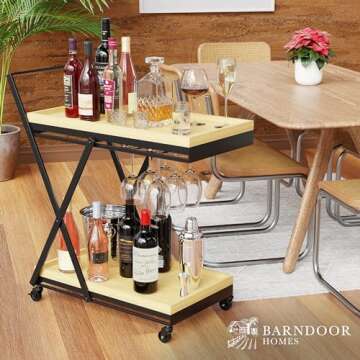Rolling Bar Cart with Wheels, Black Bar Cart w/ Wooden Serving Trays, Collapsible Beverage Bar Carts for the Home, Small Bar Cart, Modern Wood Bar Stand, Drink Cart Rack for Liquor, Wine, Beverage