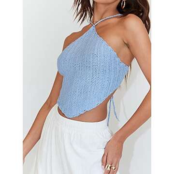 Halter Neck Crop Cami Top Knitted Printed Tank Tops Tee Y2k Sleeveless Strappy Summer Shirts Streetwear