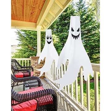 Shappy 4 Pieces 43 Inch 18 Inch Halloween Ghost Decorations Halloween Ghost Windsocks Halloween Decorations for Home Halloween Decor Halloween Decorations Outside for Party Supplies (White Background)
