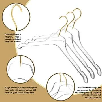 Quality Acrylic Clear Hangers, 5 Pack Clear Lucite Acrylic for a Luxurious Look and Feel with Swivel Hook, Suit Coat Shirt Dress Hangers (Clear - Matte Gold Hook, 5)