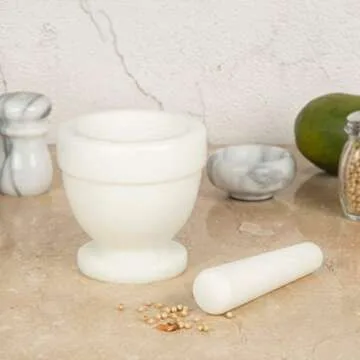 Creative Home Natural Marble Mortar and Pestle Set Spice Grinder Guacamole Molcajete Bowl Kitchen Spices Herbs Pesto Grinder, 4" Diam. x 4" H, Off-White