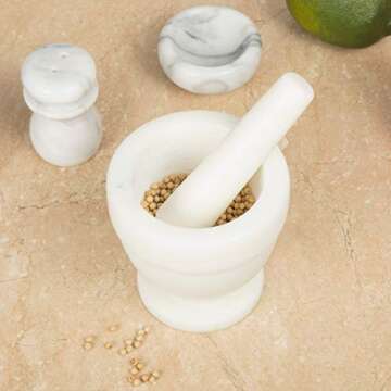 Creative Home Natural Marble Mortar and Pestle Set Spice Grinder Guacamole Molcajete Bowl Kitchen Spices Herbs Pesto Grinder, 4" Diam. x 4" H, Off-White